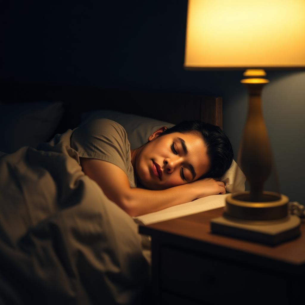 Person sleeping peacefully in a dark cool bedroom