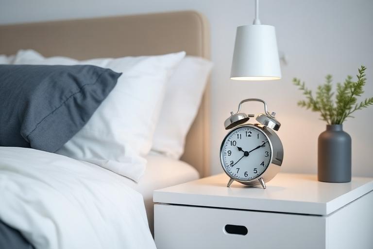 Minimal analog alarm clock on a clean nightstand