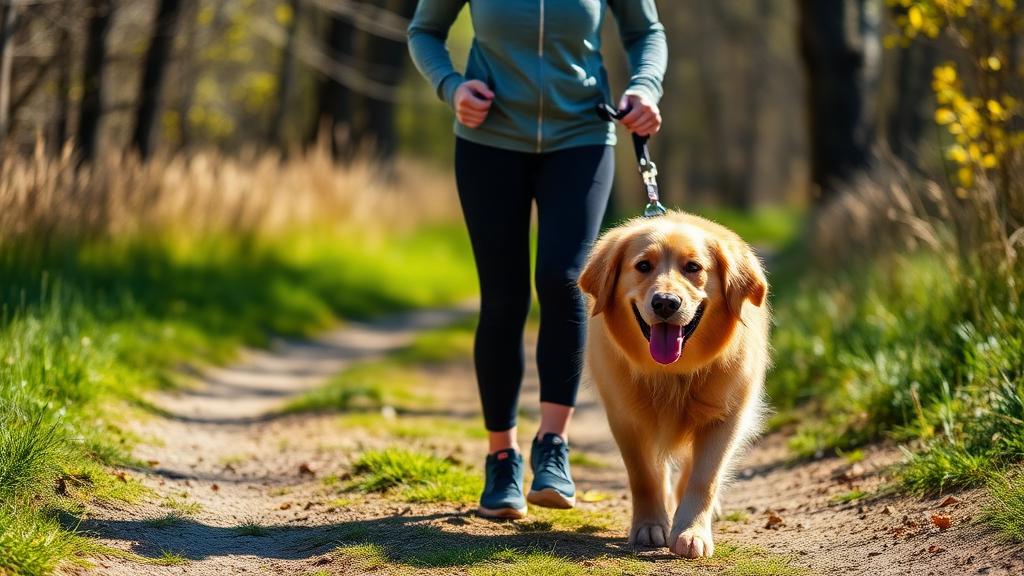 Person walking a dog outdoors on a sunny trail