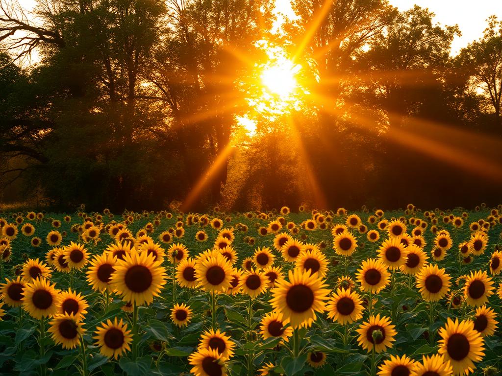 Golden morning sunlight streaming through trees over a sunflower field