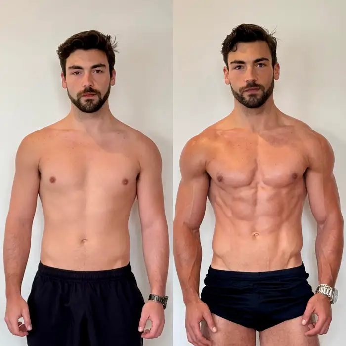 Before and after body transformation showing lean muscle gain