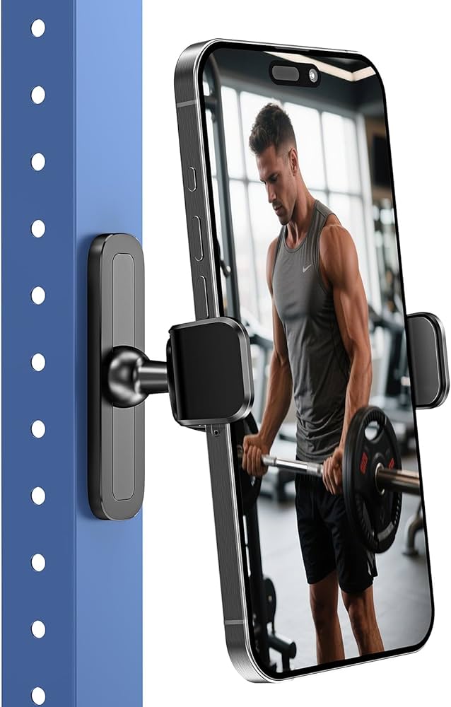 Magnetic phone mount attached to gym rack