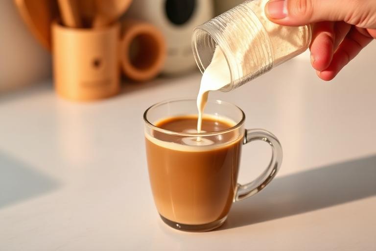 Collagen protein powder being stirred into a cup of coffee