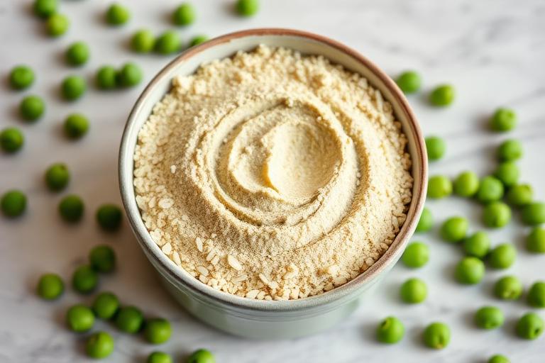 Plant based pea protein powder in a bowl with green peas