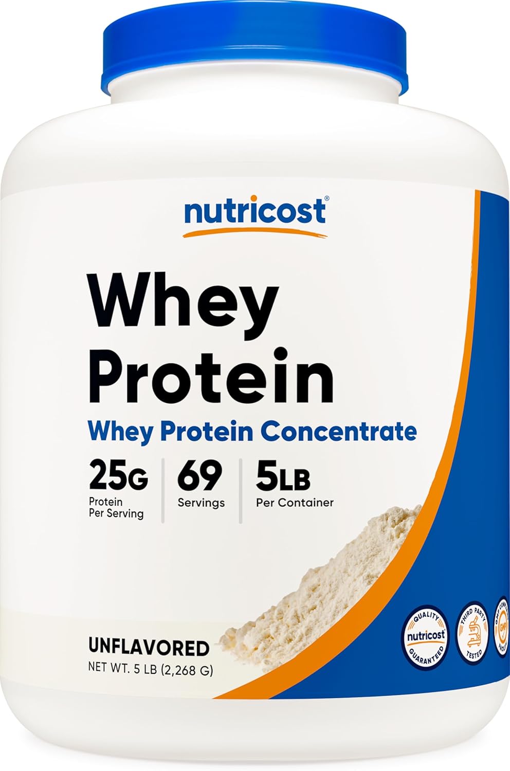 Whey protein concentrate powder tub with measuring scoop