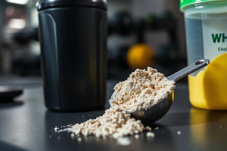 Close up of whey protein isolate powder in a scoop next to a shaker bottle