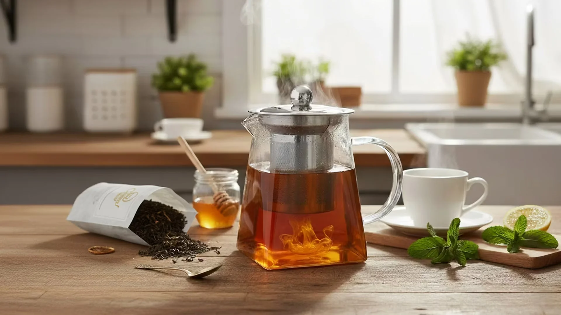 Glass teapot brewing black tea with honey and mint