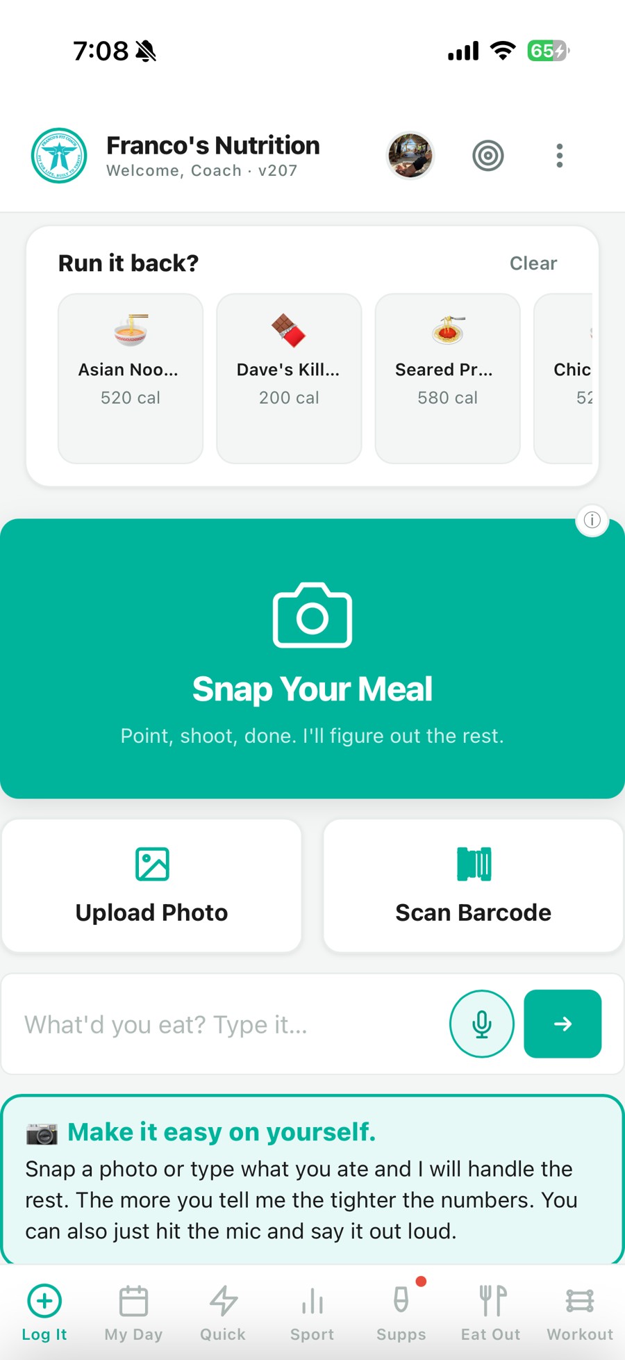 Franco's Nutrition app home screen with Snap Your Meal photo logging, barcode scanning, and voice entry