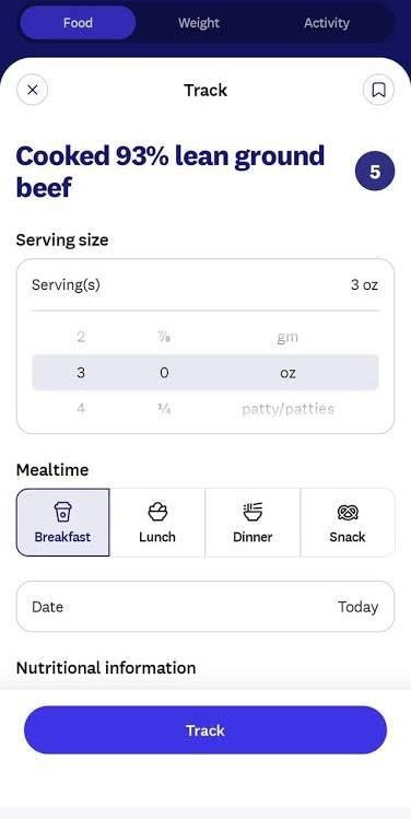 A typical tracking app's manual entry screen with serving size spinners and portion pickers