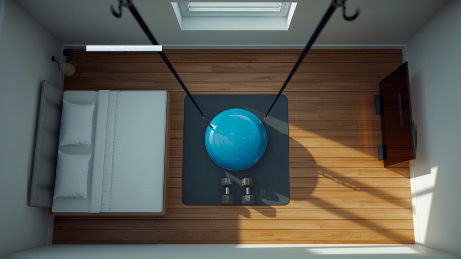 Top-down rendering of a bedroom with a BOSU under overhead TRX straps, dumbbells parked on the training mat, a screen facing the zone, and a full-length mirror