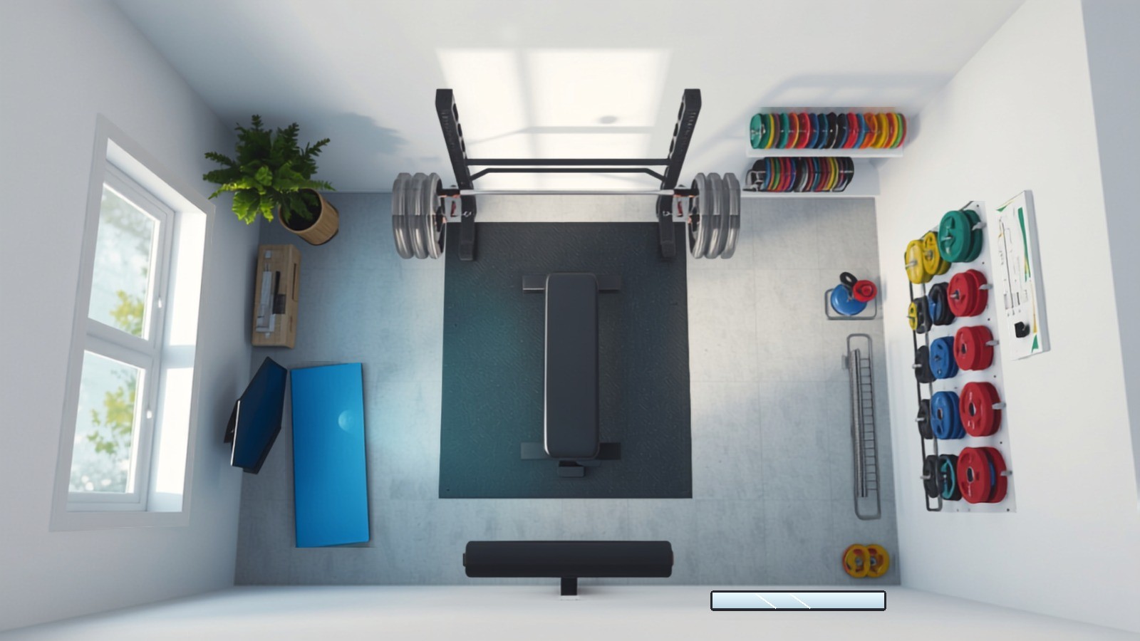 Top-down rendering of a bright home gym with a loaded squat rack, colorful bumper plates, bench on a platform, blue mat with a screen beside it, and a full-length mirror