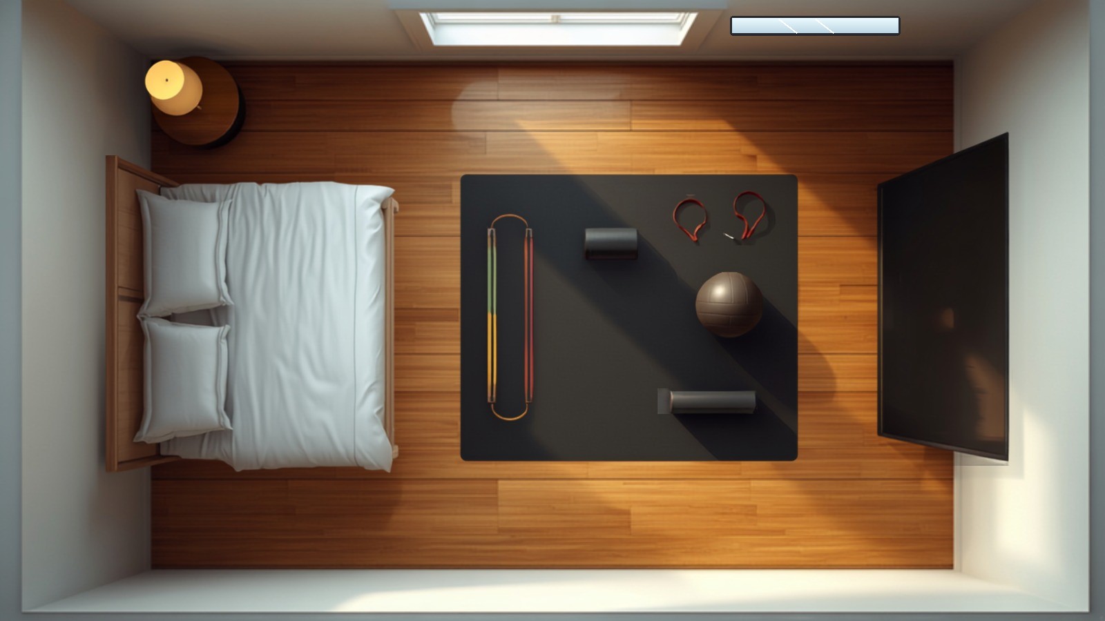 Top-down rendering of a bedroom with a large workout mat holding a band set, ball, and foam rollers, a screen on the right wall facing the mat, and a full-length mirror on the top wall